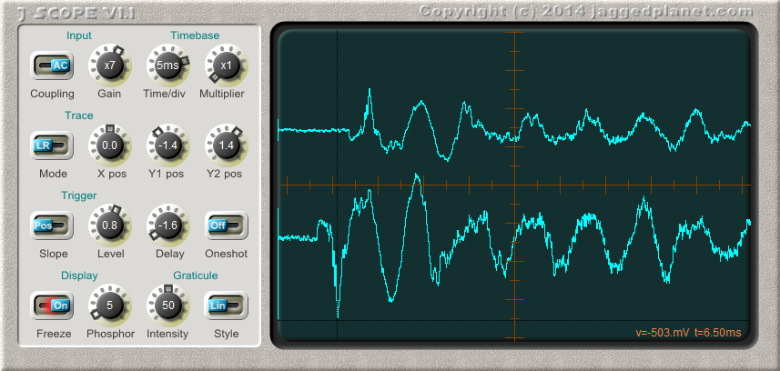 Oscilloscope showing snare waveform